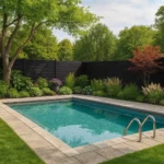 une piscine dans une cour arrière avec une clôture en composite noire